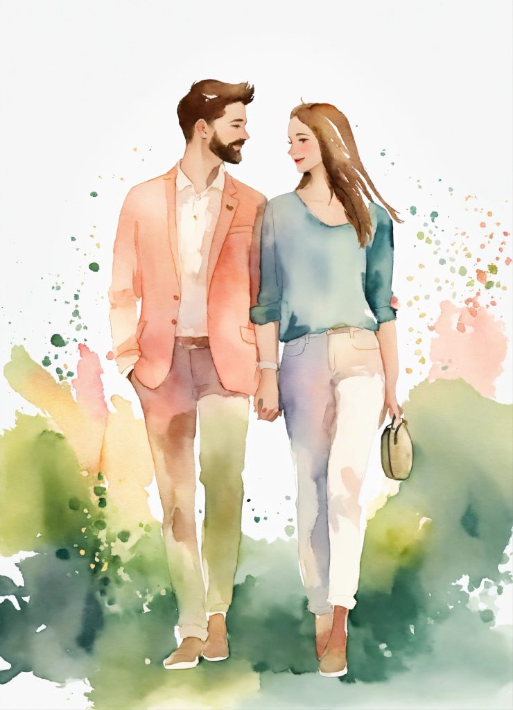 Minimalist vector art of vegan couple in watercolo