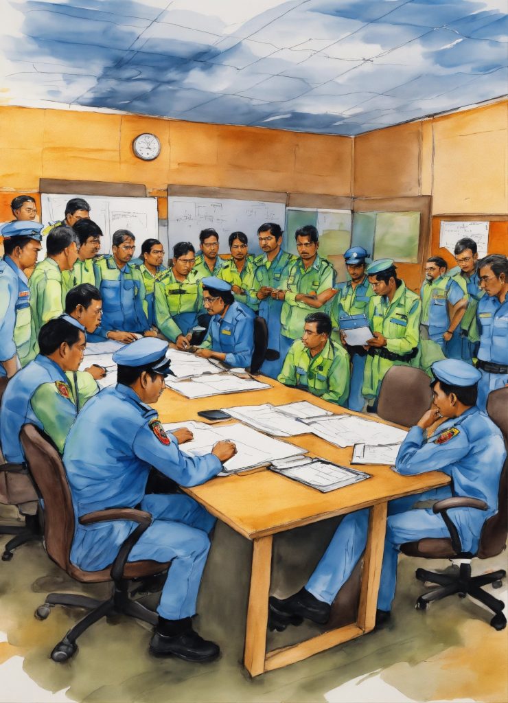 a hand drawn painting of a team of rescue officers