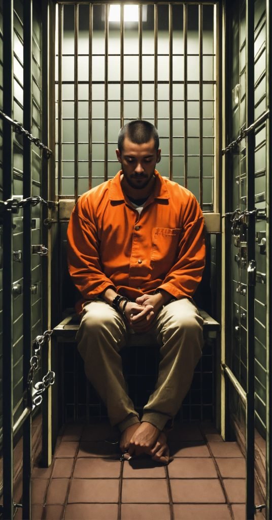 an individual placed in a prison cell with handcuf 2